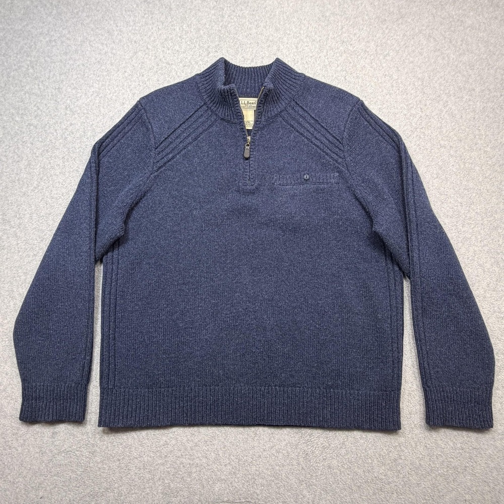 LL Bean Rangeley Merino Sweater Mens Medium Blue Wool 1/4 Zip Pullover Pocket
